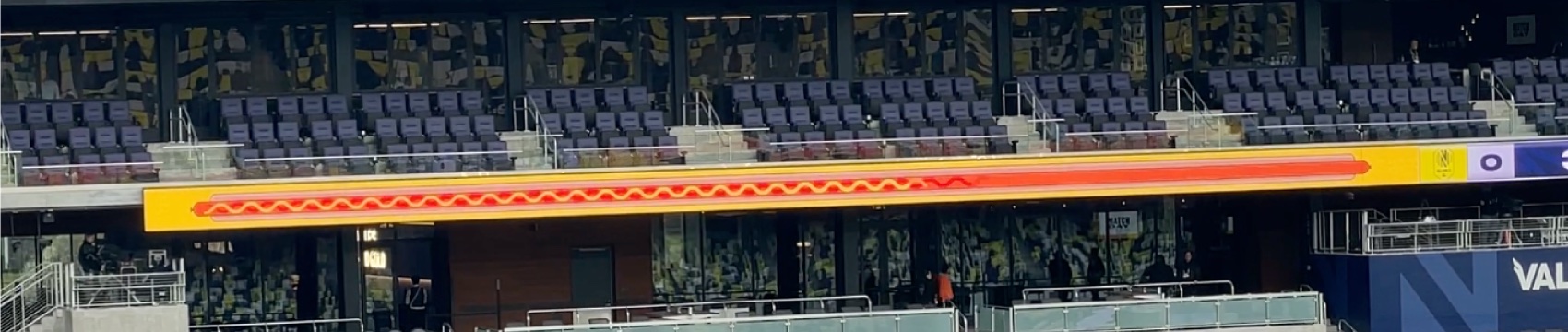 The animated ribbon running on the LED scoreboard at GEODIS Park Stadium